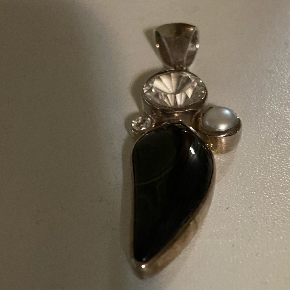 Sterling silver pendant, Petersite, zircon, pearl